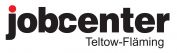 Logo Jobcenter Teltow Fläming, in schwarzer Schrift mit rotem I Punkt.